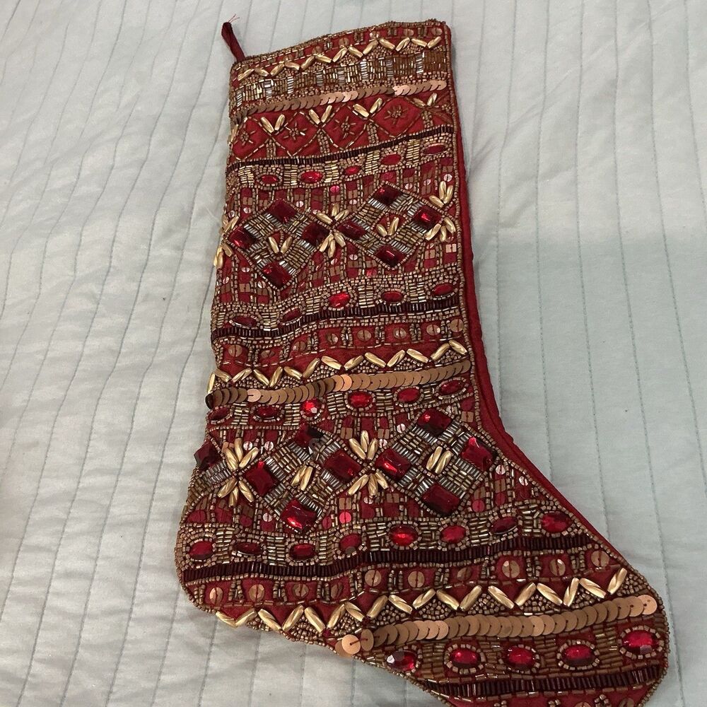 Kim Seybert Beaded Christmas Stocking Red Gold Jeweled Holiday Decor 19”